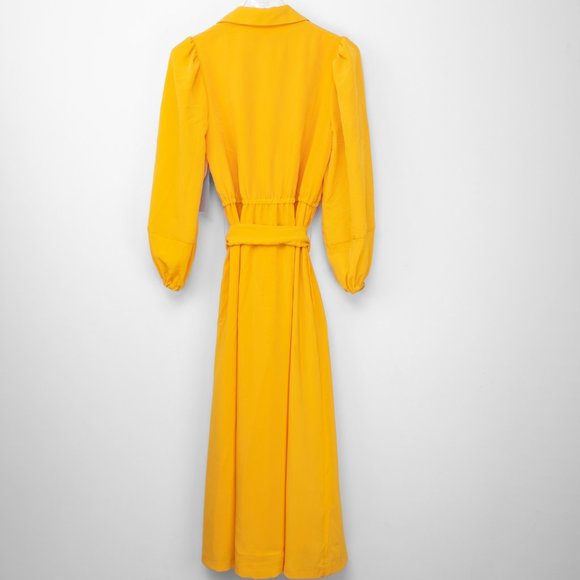 LDT Shirt Dress Long Sleeve Midi Button Front Belted Bright Yellow Size 0 New - Picture 2 of 7